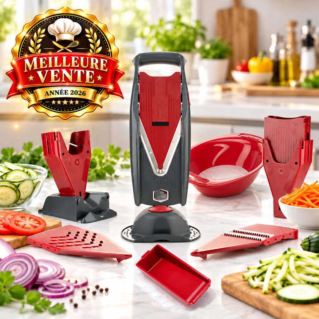 Mandoline Vital Börner rouge et noire avec accessoires, saladier rouge et passoire sur un plan de travail en marbre