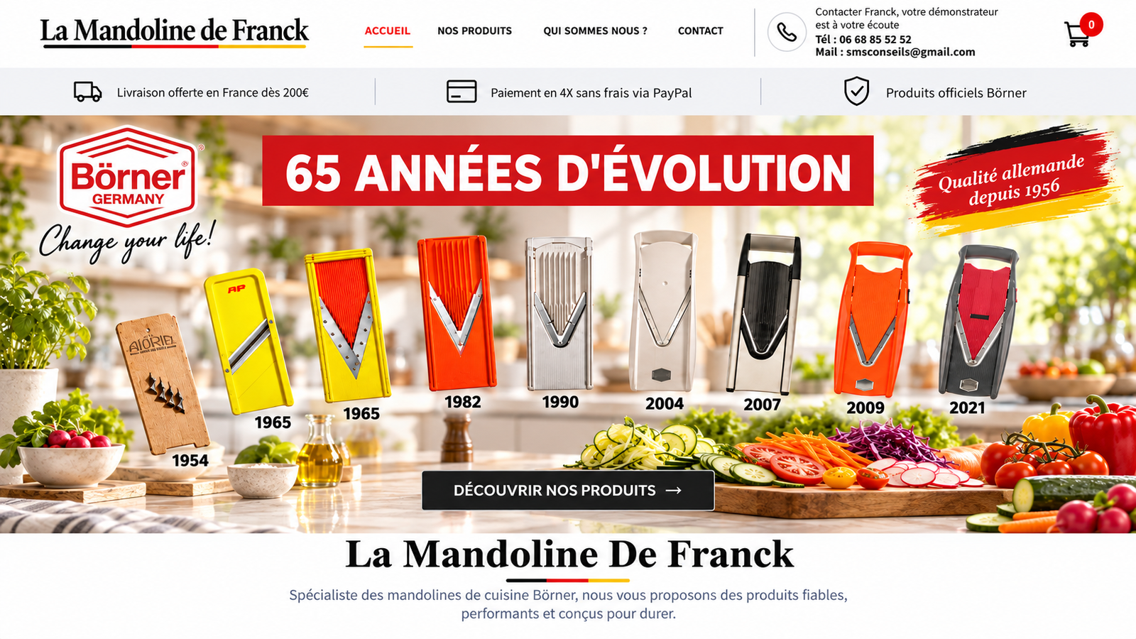 La Mandoline de Franck. 65 années d'évolution des mandolines Börner, des modèles de 1954 à 2021. Qualité allemande. Livraison offerte dès 200 €, paiement en quatre fois via PayPal.