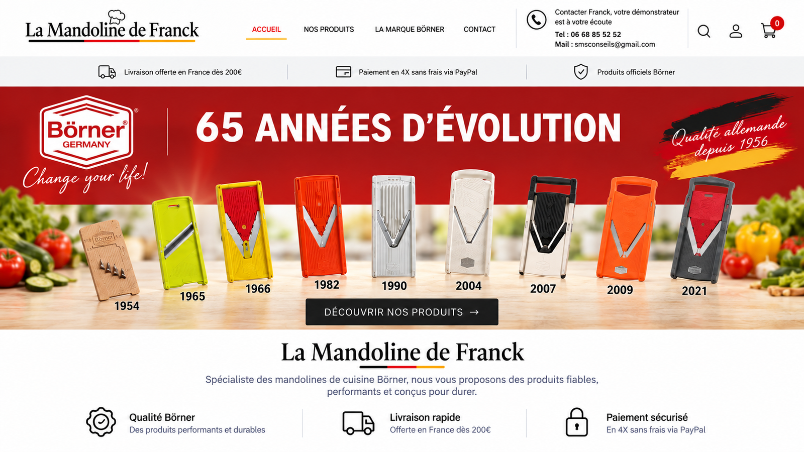La Mandoline de Franck. 65 années d'évolution des mandolines Börner, des modèles de 1954 à 2021. Qualité allemande. Livraison offerte dès 200 €, paiement en quatre fois via PayPal.